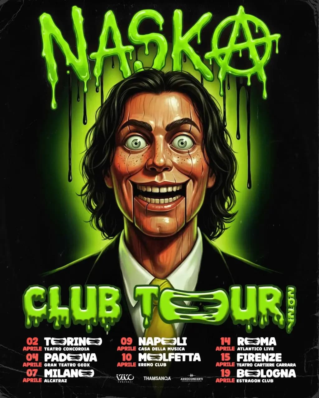 Locandina del NASKA Club Tour 2027: un ritratto illustrato di NASKA su fondo verde acido, con il logo e le otto date del tour.